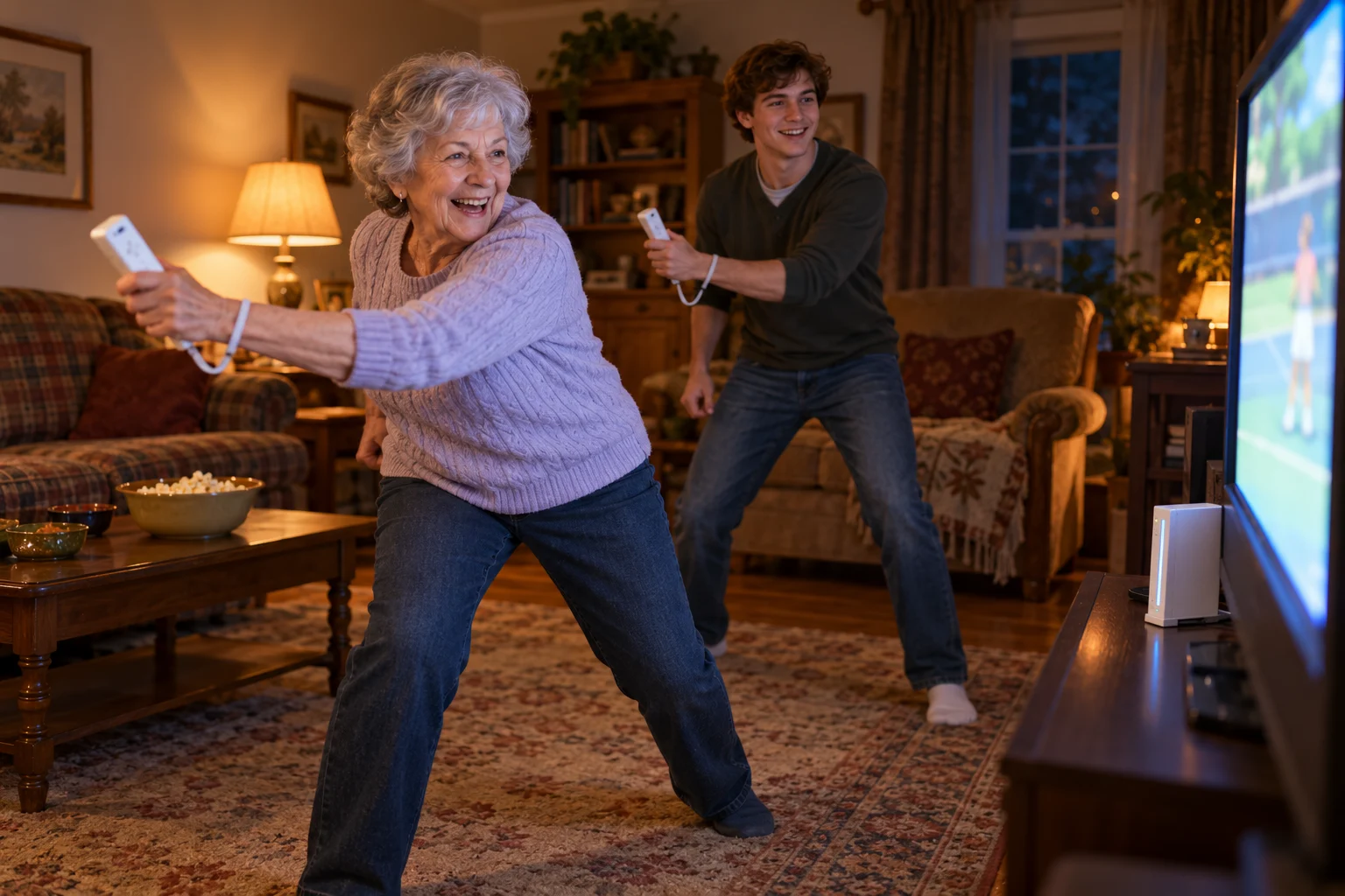 An older woman and a young man swing white handheld game controllers in a 2006 living room.