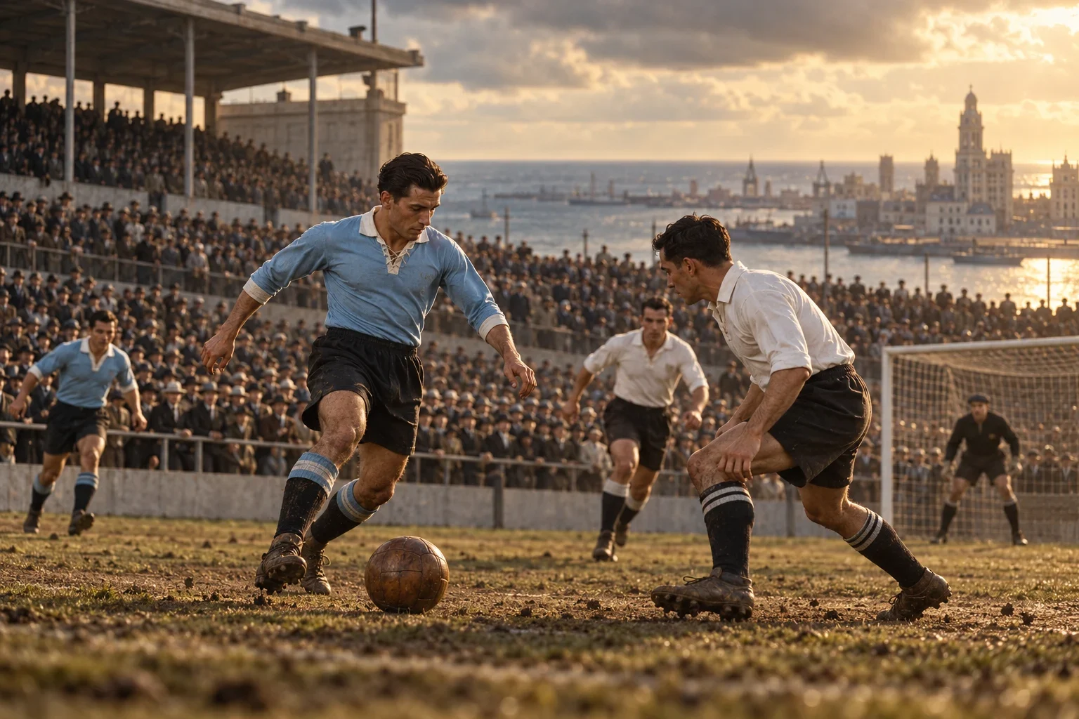 An imagined 1930 football scene with a stitched leather ball, leather boots and wooden stands.