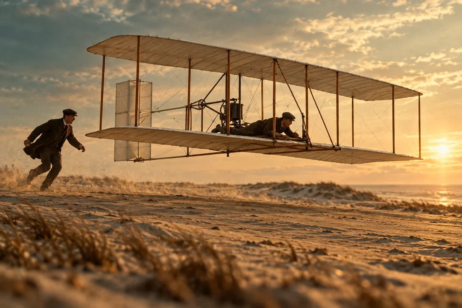 An imagined first flight of the wood-and-fabric Wright Flyer above the coastal sand.