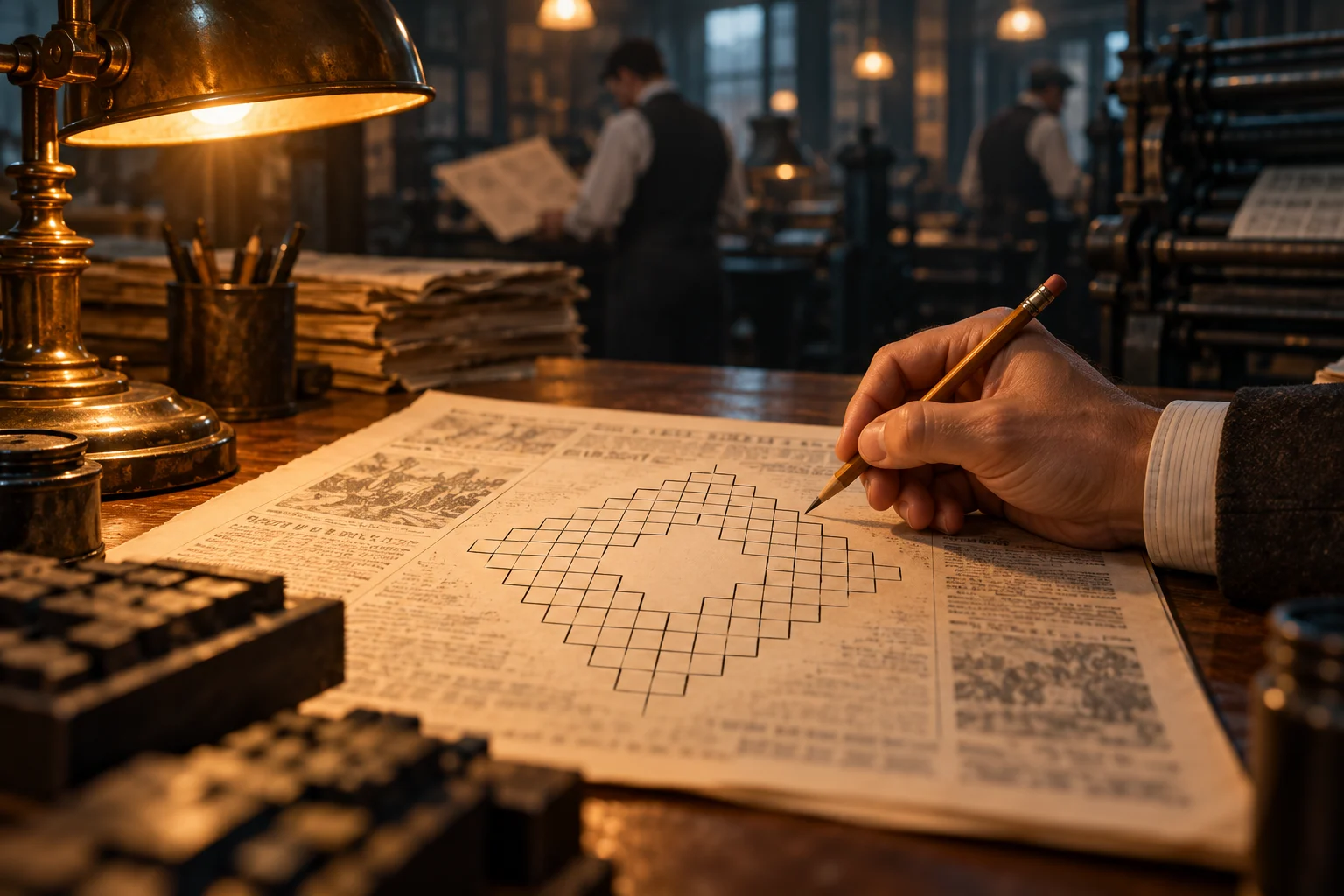 A hand holds a pencil above an empty diamond-shaped puzzle grid in an early twentieth-century newspaper office.