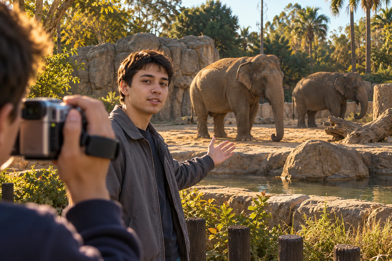 A young man gestures beside an elephant enclosure while another visitor films him with a small camcorder.