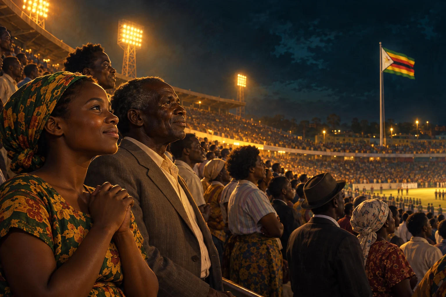 Zimbabwean spectators watch a national flag above an illuminated stadium during independence celebrations.